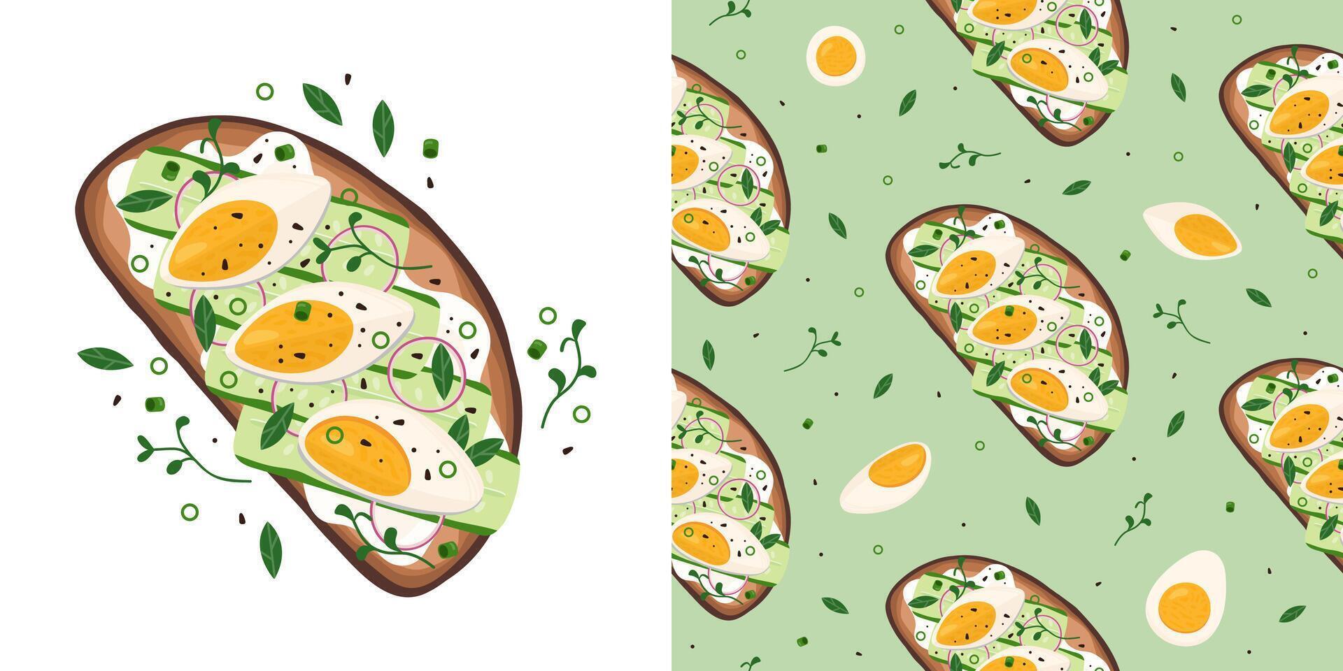 Toast with cucumbers, boiled eggs and onion vector