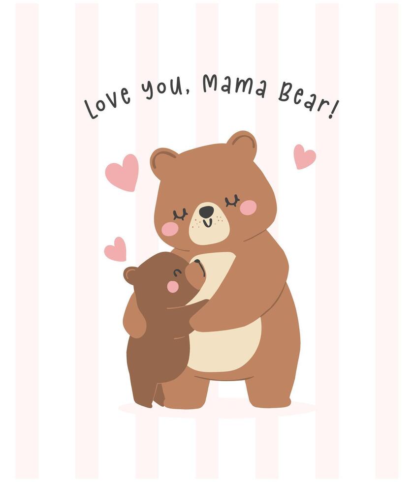 Heartwarming Mothers Day Bear Mom and Baby hugging Cub Greeting Card Illustration. vector