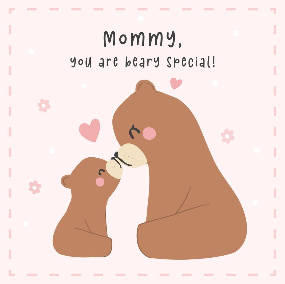 Mothers Day Bear Mom and Baby Cub kissing nose to nose Heartwarming Greeting Card Illustration. vector