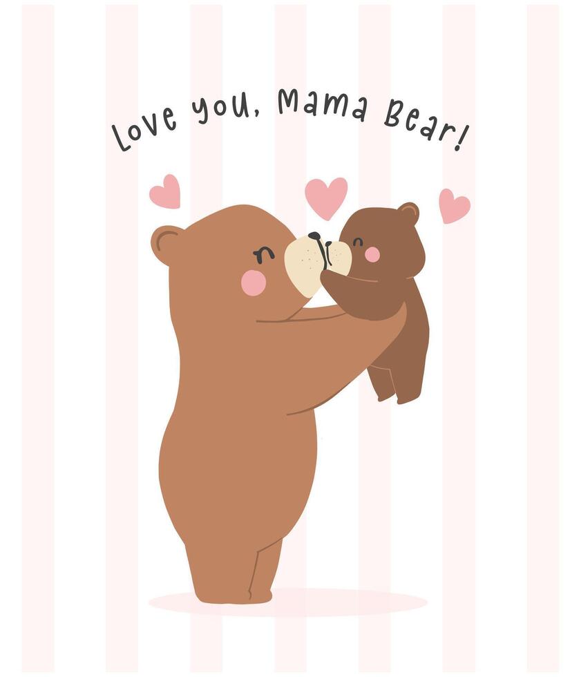 Heartwarming Mothers Day Bear Mom and Baby Cub Adorable Greeting Card Illustration. vector