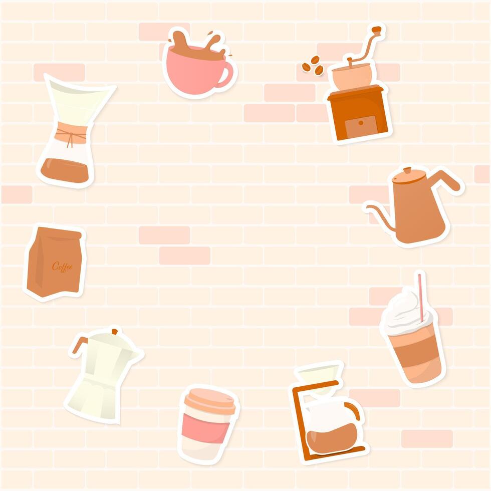 Coffee with sticker style on brick wall background vector