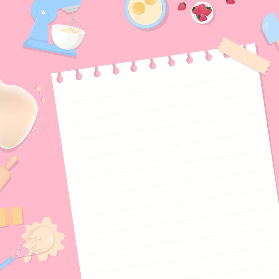 Note paper and bakery ingredient on pink background vector