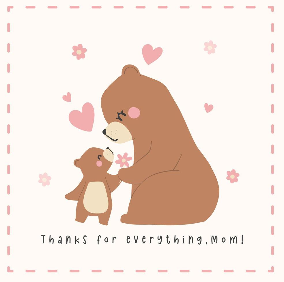Mothers Day Bear Mom and Baby Cub Heartwarming Greeting Card Illustration. vector