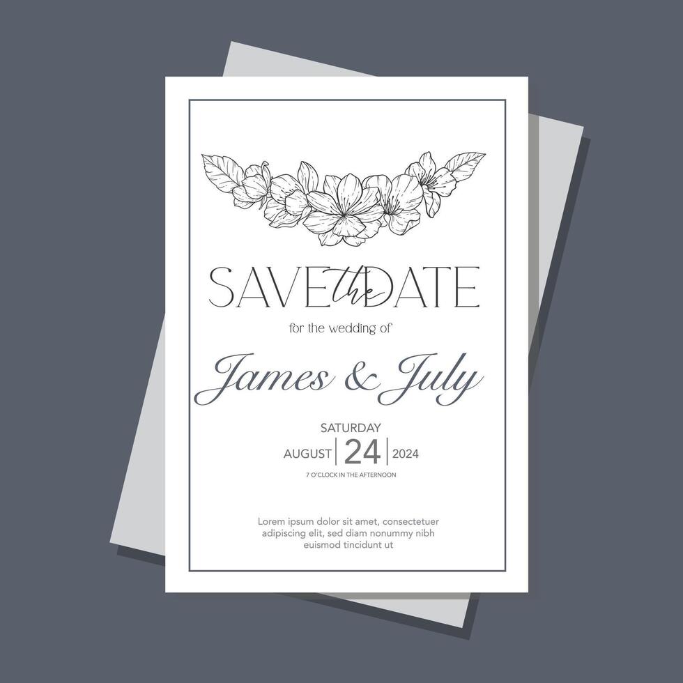 Line Art Cherry Blossom Wedding Invitation template, Outline Sakura Minimalist Wedding Stationery vector