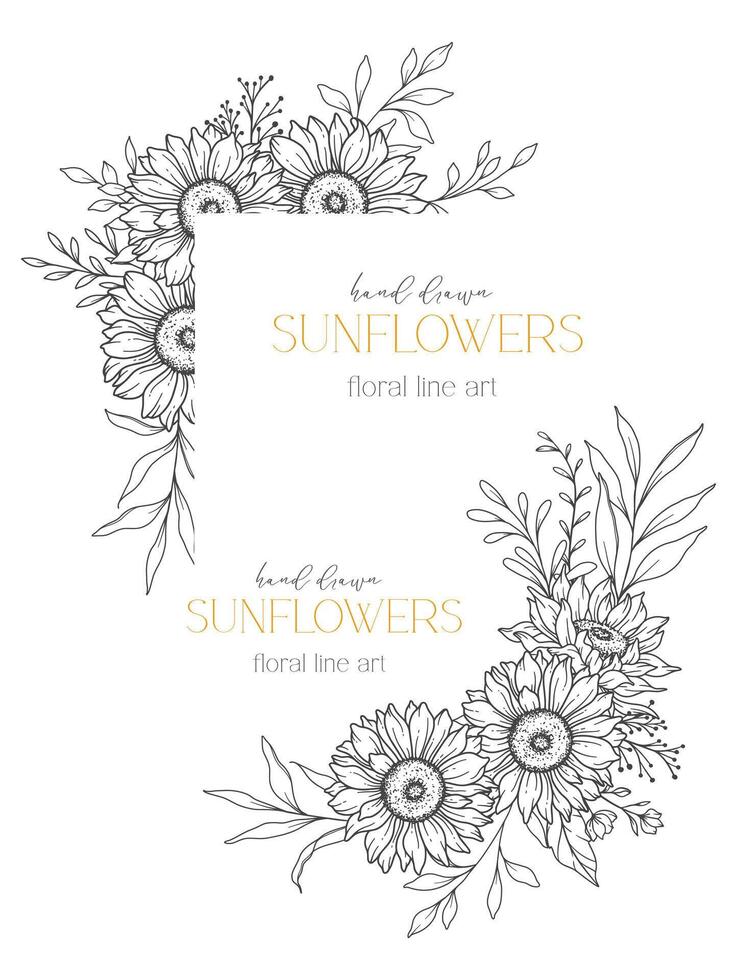 Sunflowers Line Drawing. Sunflower Frame Line Art. Floral frame. Floral Line Art. Fine Line Sunflower illustration. Hand Drawn Outline flowers. Botanical Coloring Page. Wedding invitation flowers vector