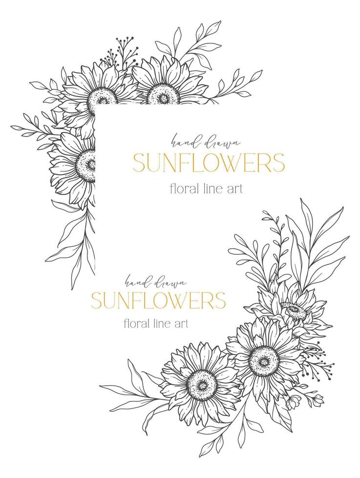 girasoles línea dibujo. girasol marco línea Arte. floral marco. floral línea Arte. multa línea girasol ilustración. mano dibujado contorno flores botánico colorante página. Boda invitación flores vector