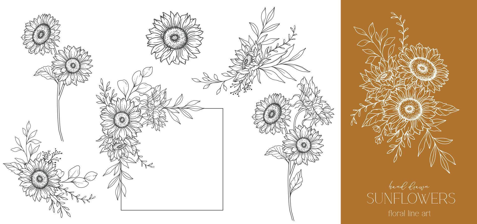 Sunflowers Line Drawing. Sunflower Frame Line Art. Floral frame. Floral Line Art. Fine Line Sunflower illustration. Hand Drawn Outline flowers. Botanical Coloring Page. Wedding invitation flowers vector