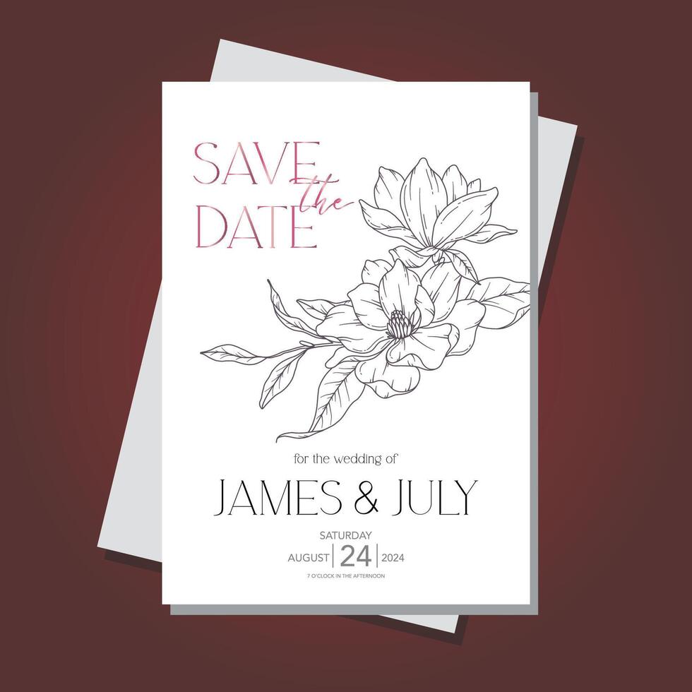 Line Art magnolia Flower Wedding Invitation template, Outline magnolia Minimalist Wedding Stationery vector