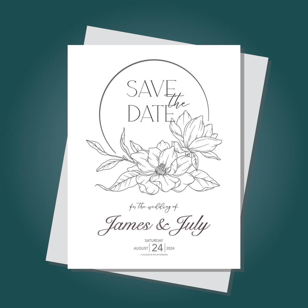 Line Art magnolia Flower Wedding Invitation template, Outline magnolia Minimalist Wedding Stationery vector