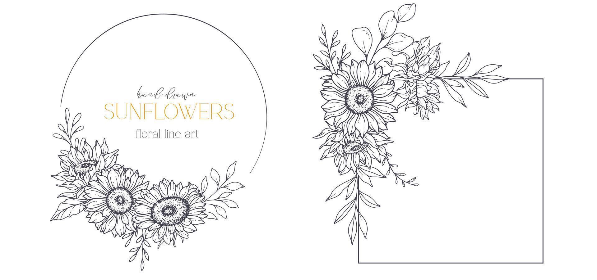 Sunflowers Line Drawing. Sunflower Frame Line Art. Floral frame. Floral Line Art. Fine Line Sunflower illustration. Hand Drawn Outline flowers. Botanical Coloring Page. Wedding invitation flowers vector