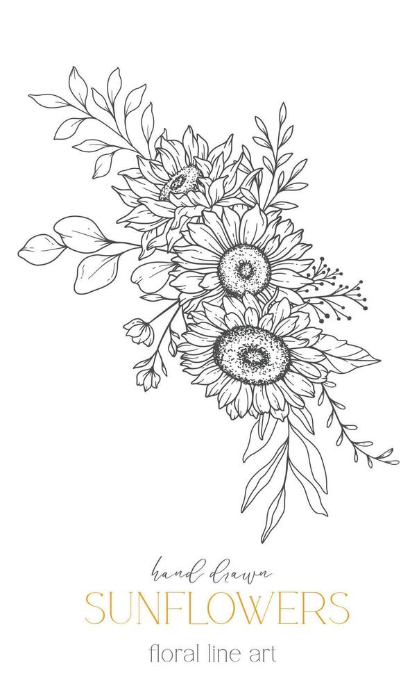 Sunflowers Line Art, Fine Line Sunflowers Hand Drawn Illustration. Fine Line Sunflowers illustration. Floral Line Art. Black and White Sunflowers Graphics vector