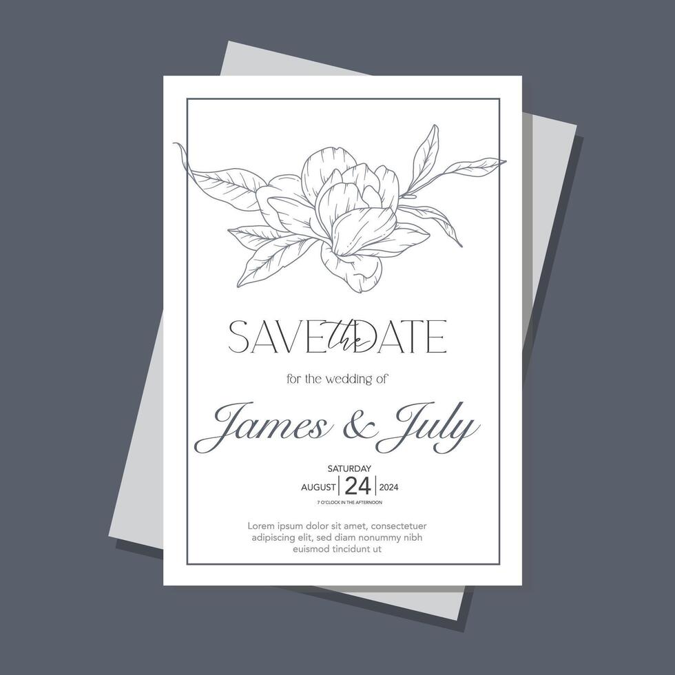 Line Art magnolia Flower Wedding Invitation template, Outline magnolia Minimalist Wedding Stationery vector