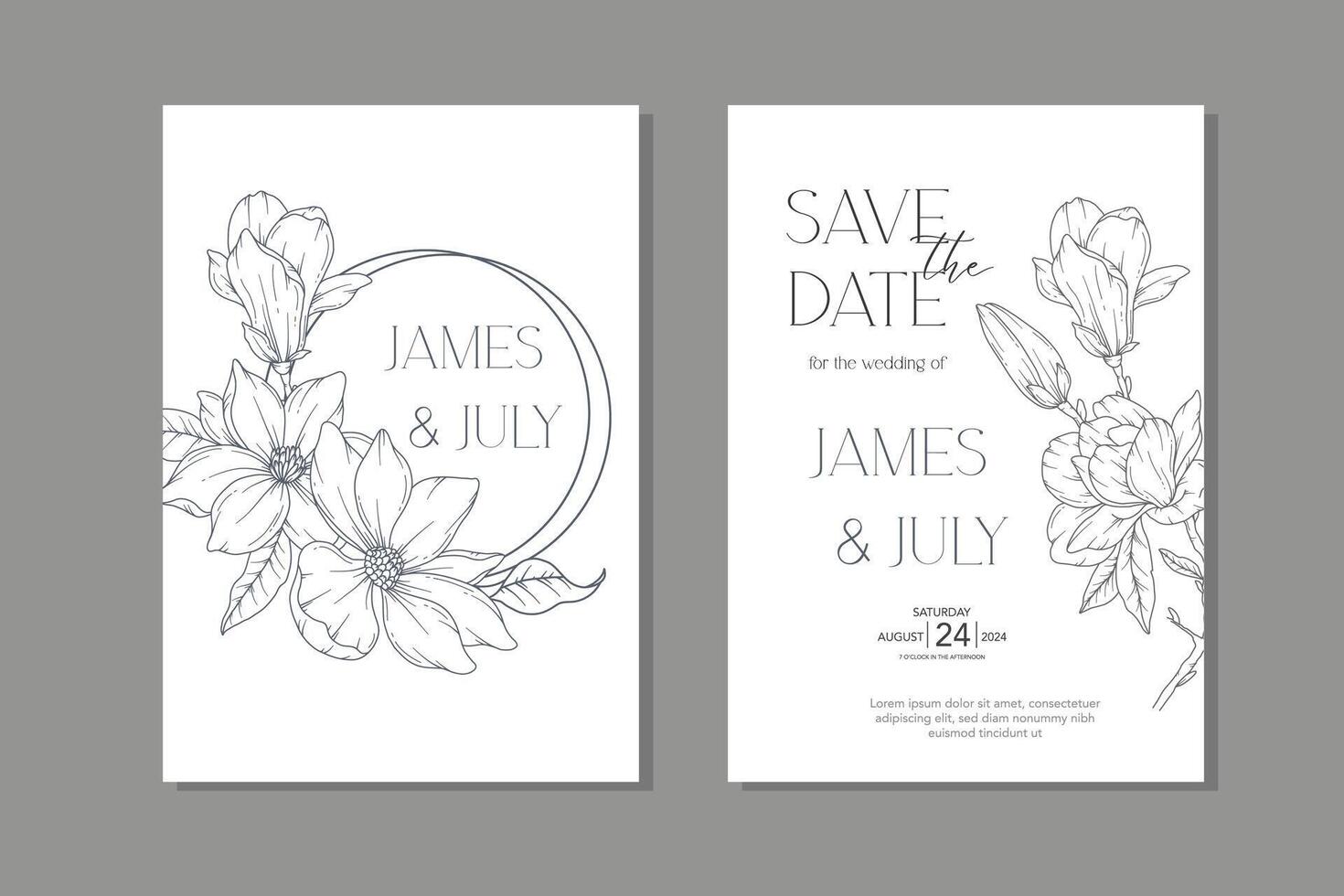 Line Art Magnolia Wedding Invitation template, Outline Magnolia Minimalist Wedding Stationery vector