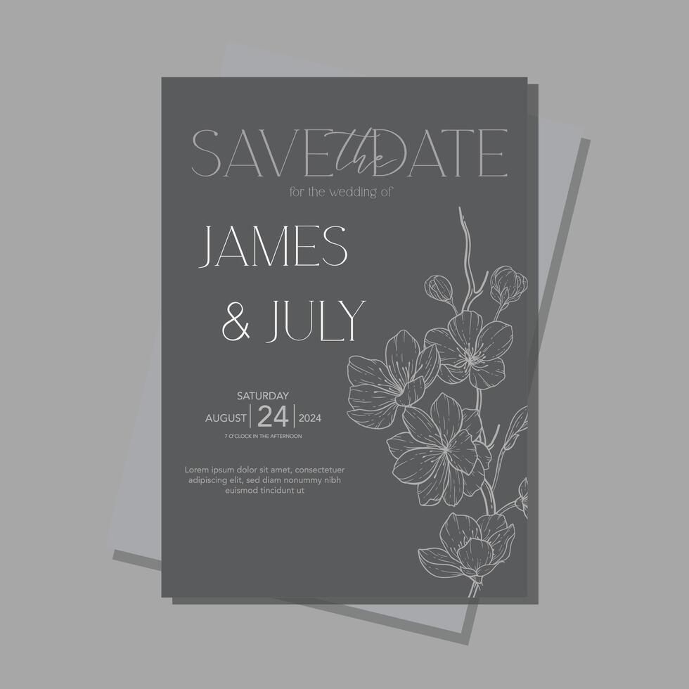 Line Art Cherry Blossom Wedding Invitation template, Outline Sakura Minimalist Wedding Stationery vector