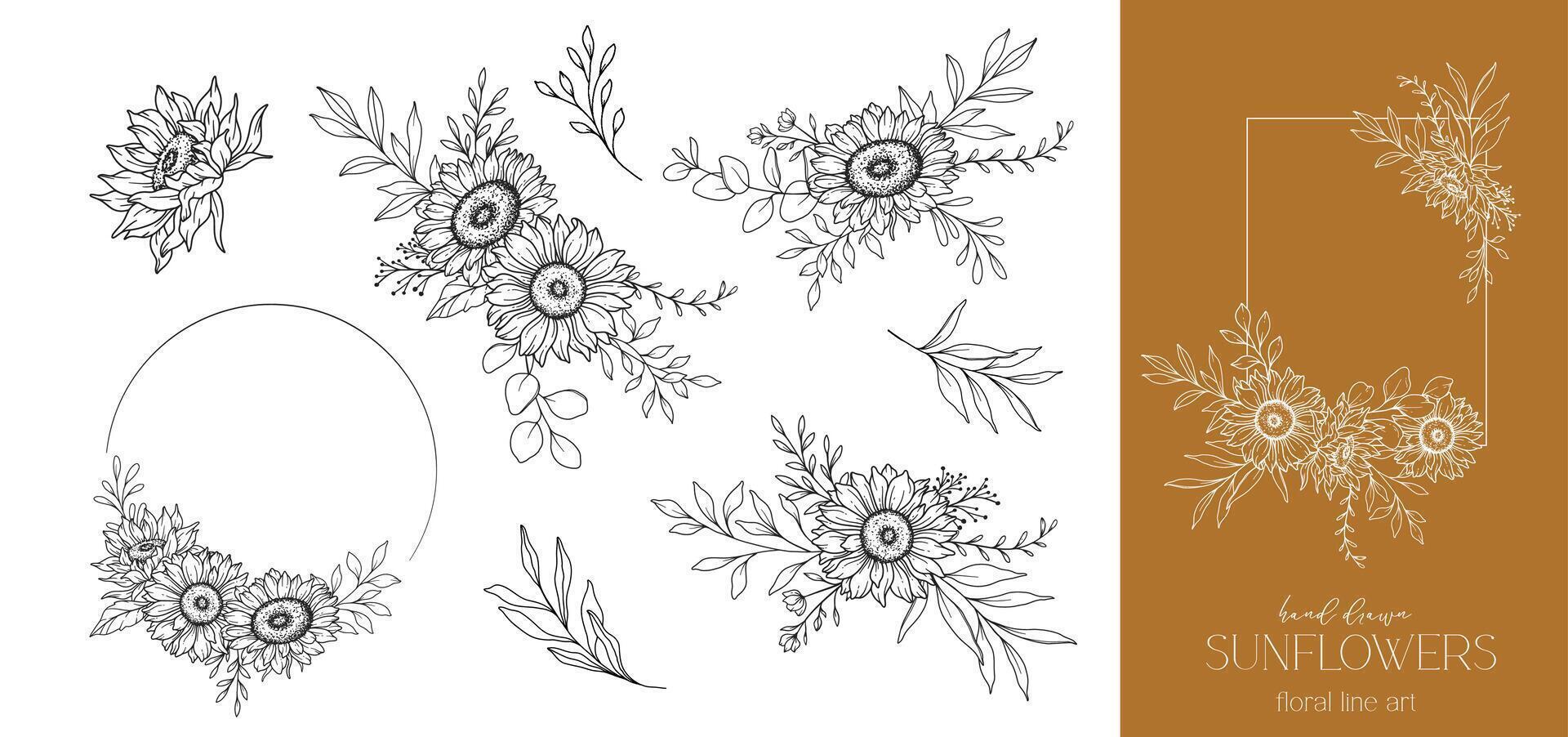 Sunflowers Line Drawing. Sunflower Frame Line Art. Floral frame. Floral Line Art. Fine Line Sunflower illustration. Hand Drawn Outline flowers. Botanical Coloring Page. Wedding invitation flowers vector