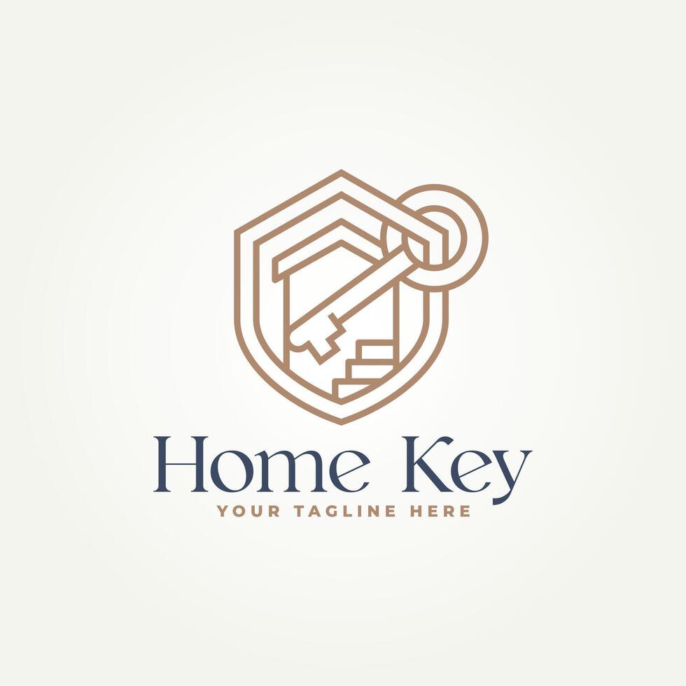 minimalist house key real estate with shield emblem line art icon logo template illustration design. simple modern Home buyer, housing, Property developer logo concept vector