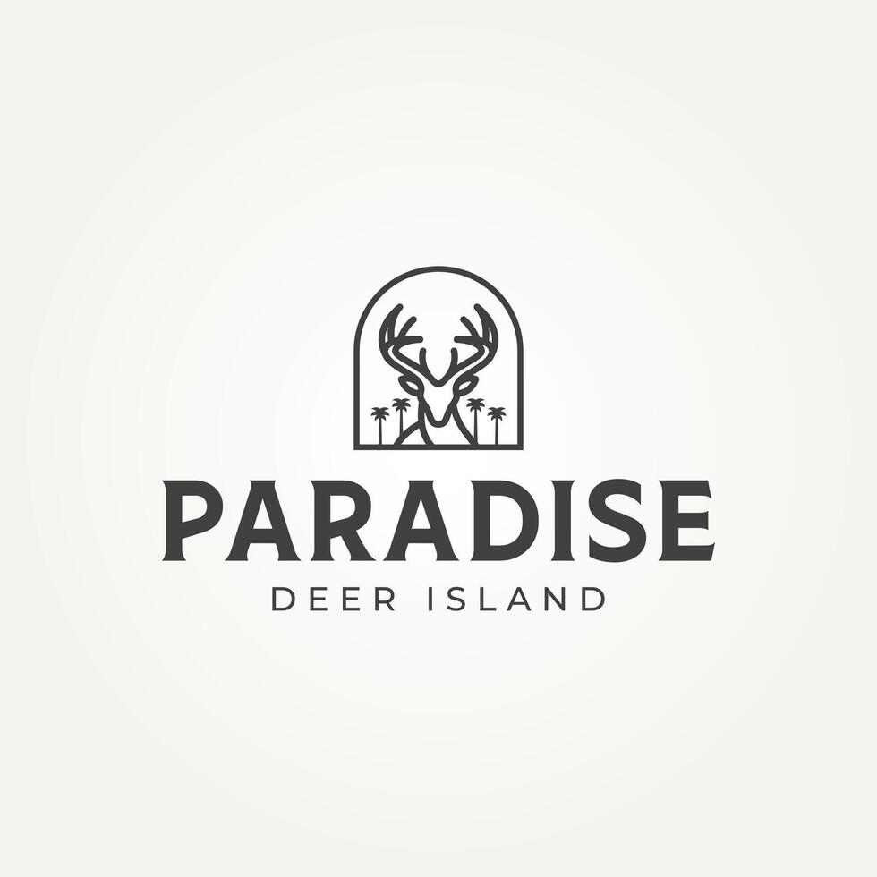 minimal deer buck stag paradise island line art badge icon logo illustration design vector