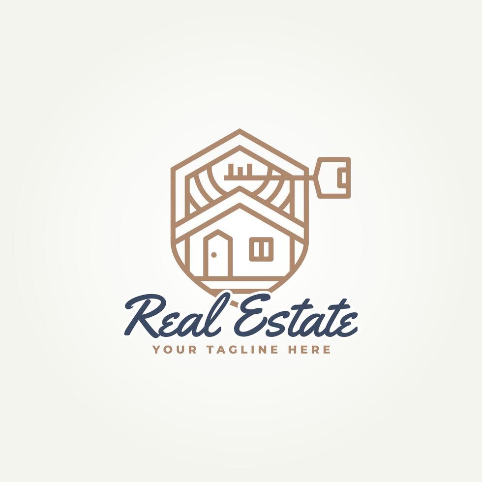 minimal home and key with shield badge line art icon logo template illustration design. simple modern Home buyer, real estate, Property developer logo concept vector