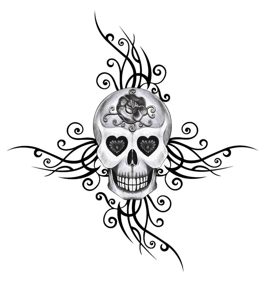 Skull tattoo design by hand drawing on paper vector