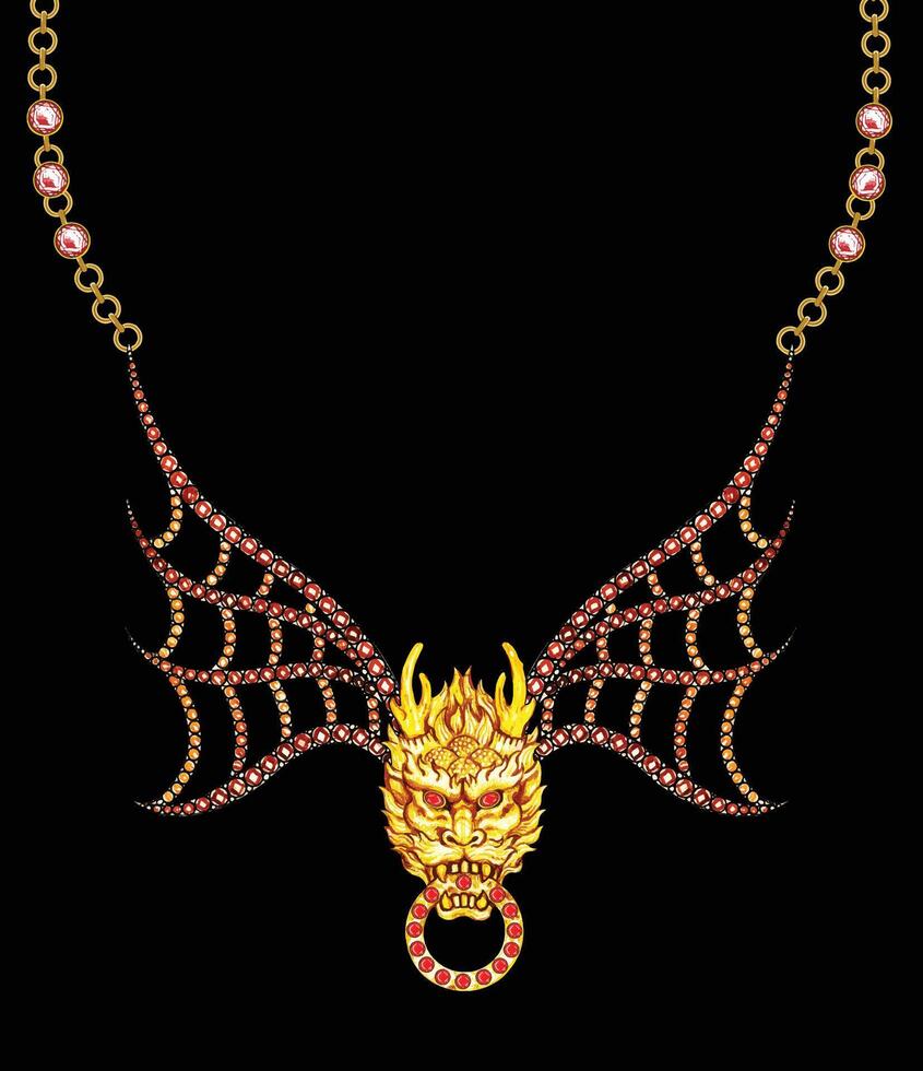 Jewelry design fantasy head dragon necklace sketch by hand drawing. vector