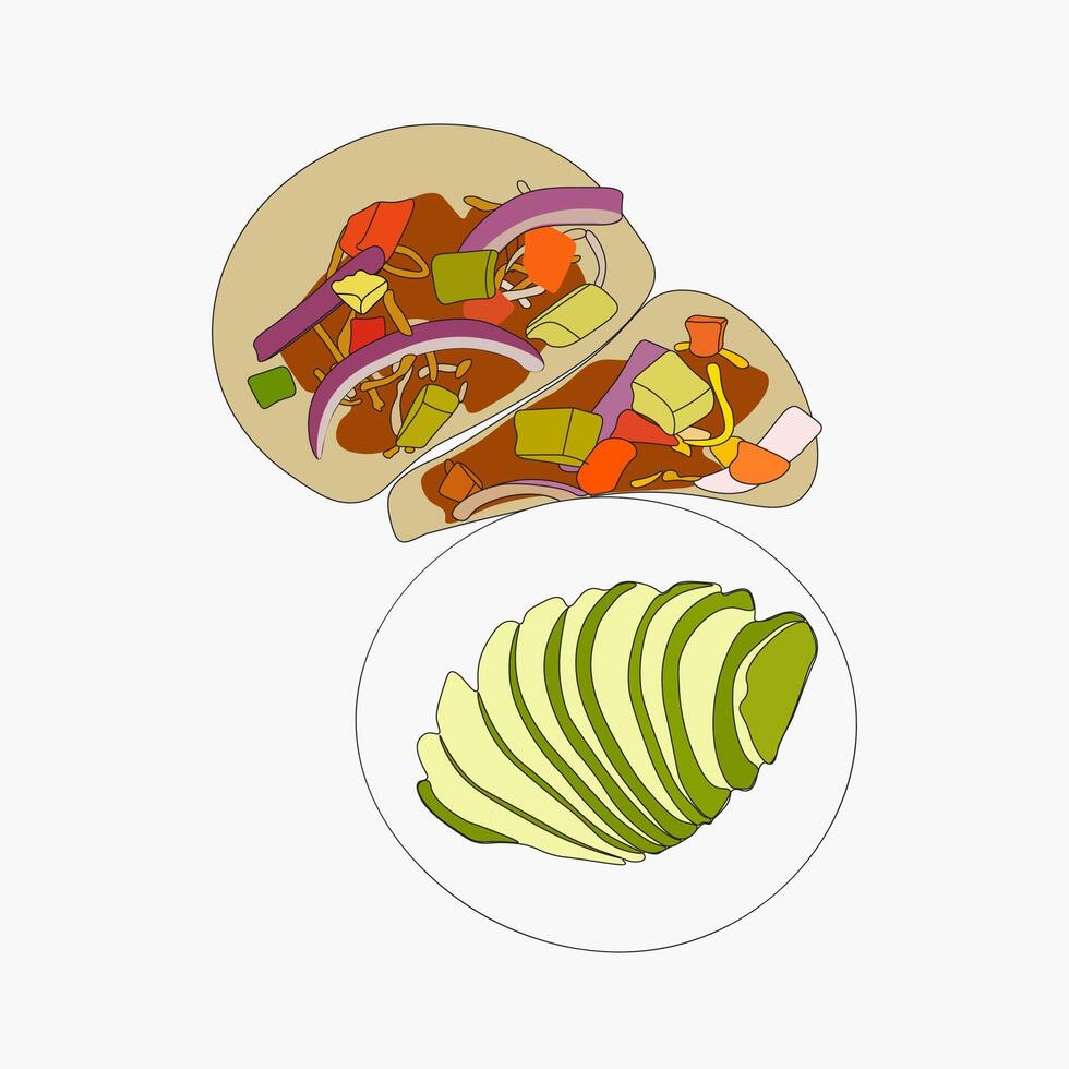 Tacos with Pickled Onions and Avocado illustration graphic element. Isolated background. Cinco de Mayo concept icon. vector