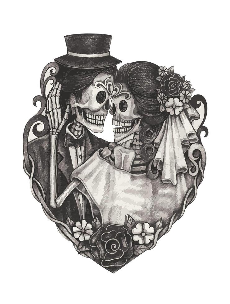 Skeleton lovers couple wedding day of the dead design by hand drawing on paper. vector