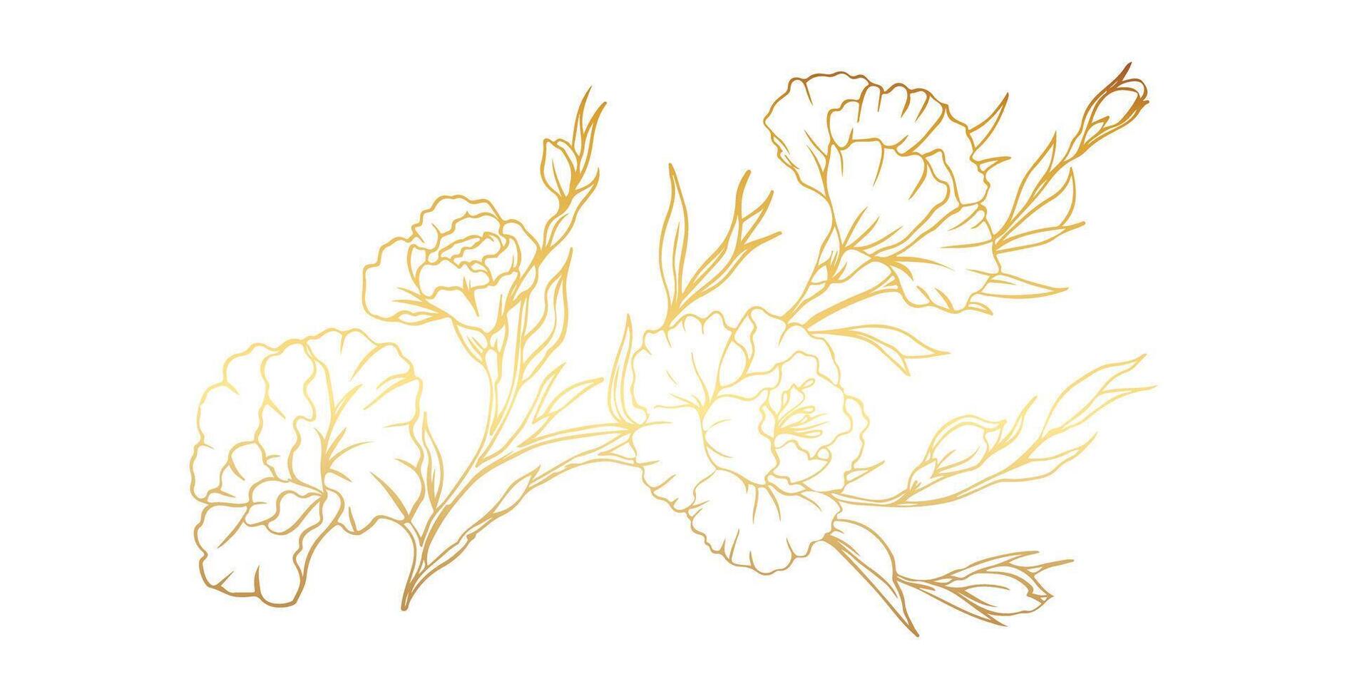 lujo dorado flores y hojas línea Arte para fondo de pantalla, decorativo naturaleza diseño, invitación tarjeta, botánico Boda oro línea ilustración vector