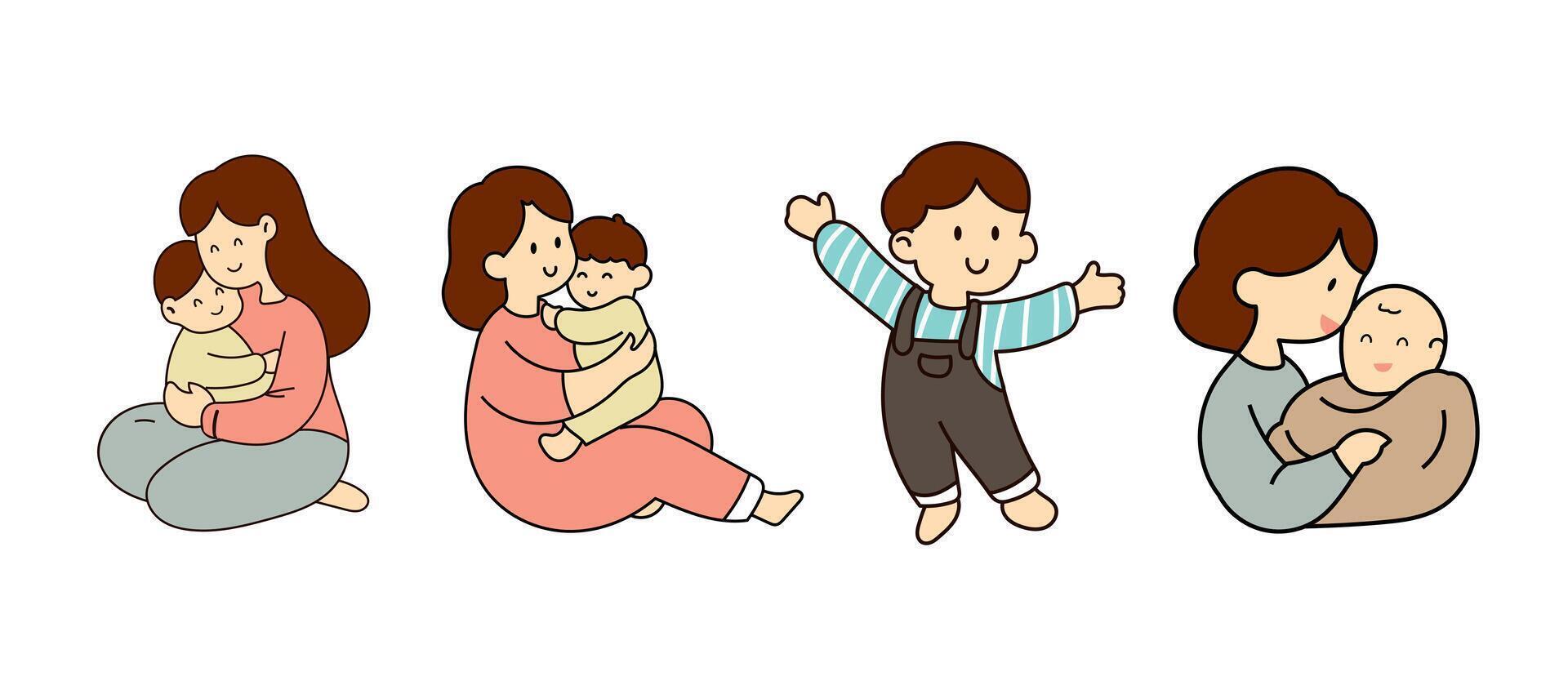 Happy Mother hugging her baby, son cartoon character, lovely cartoon hand drawn for mother's day illustraton vector