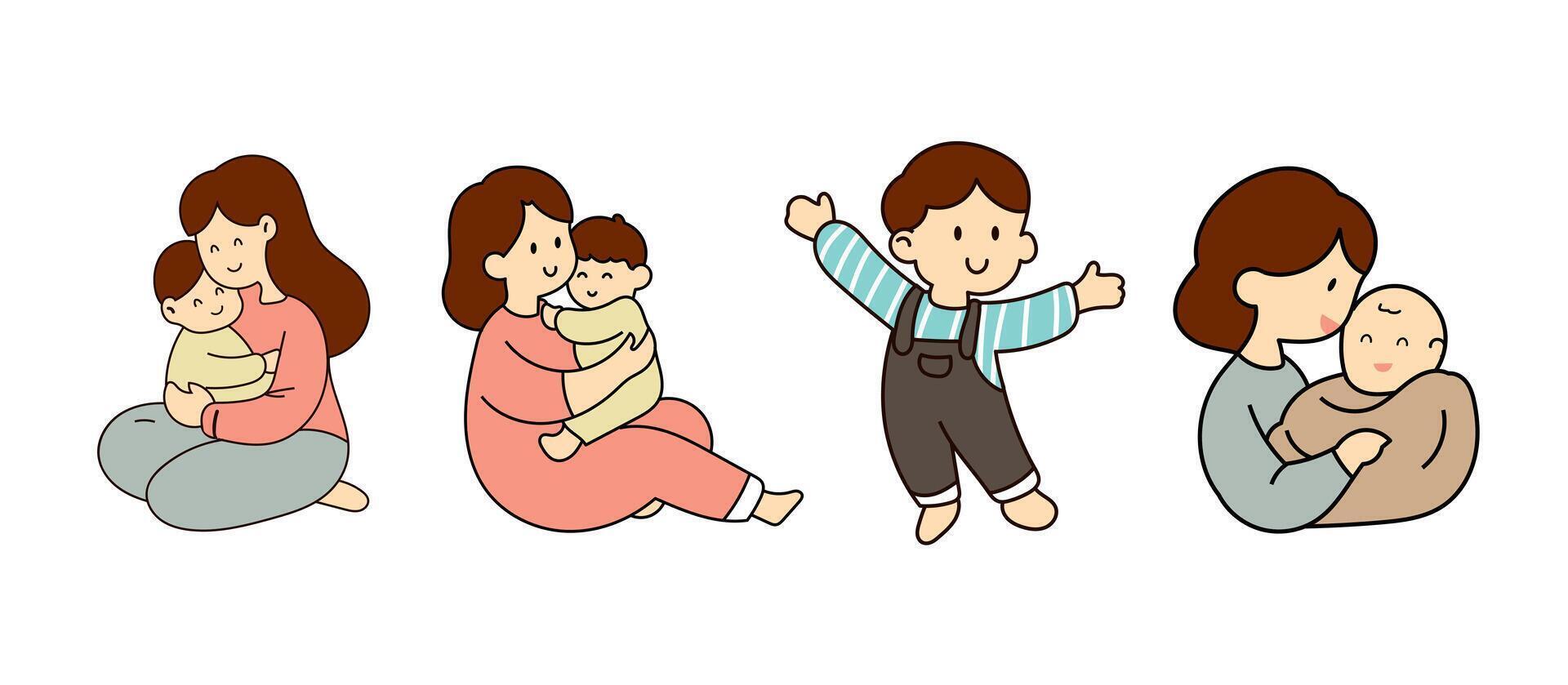 contento madre abrazando su bebé, hijo dibujos animados personaje, encantador dibujos animados mano dibujado para de la madre día ilustracion vector