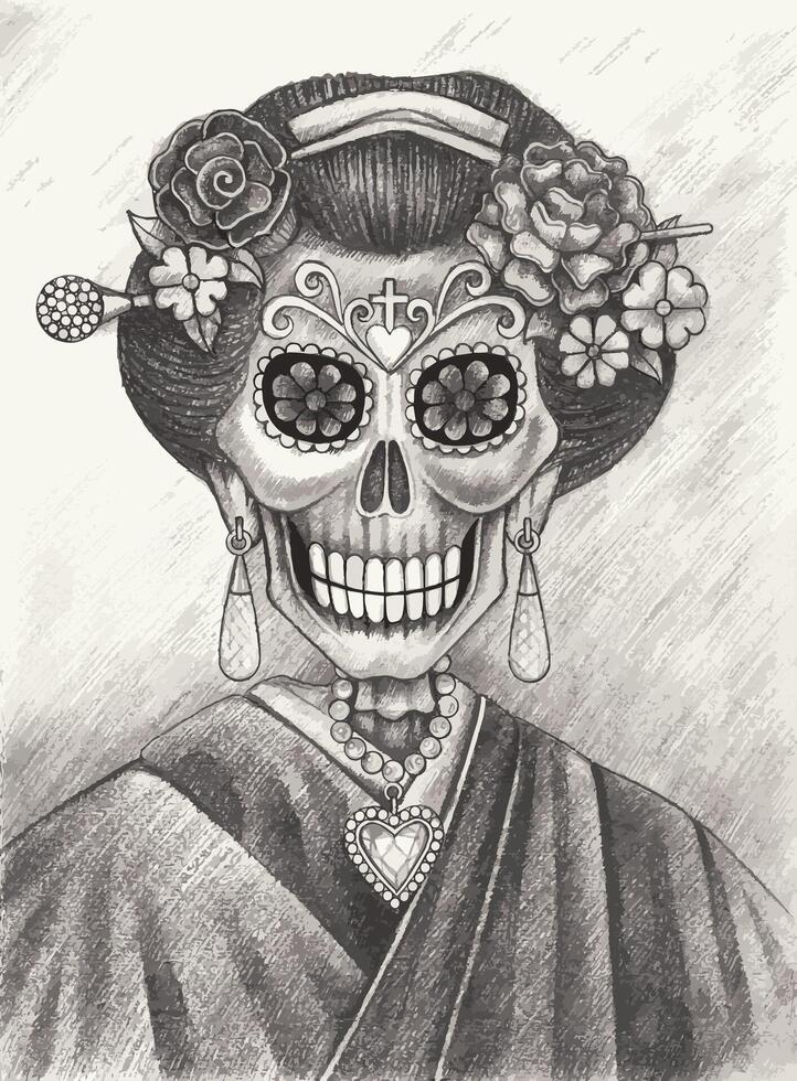 Sugar skull fashion woman day of the dead design by hand drawing on paper. vector