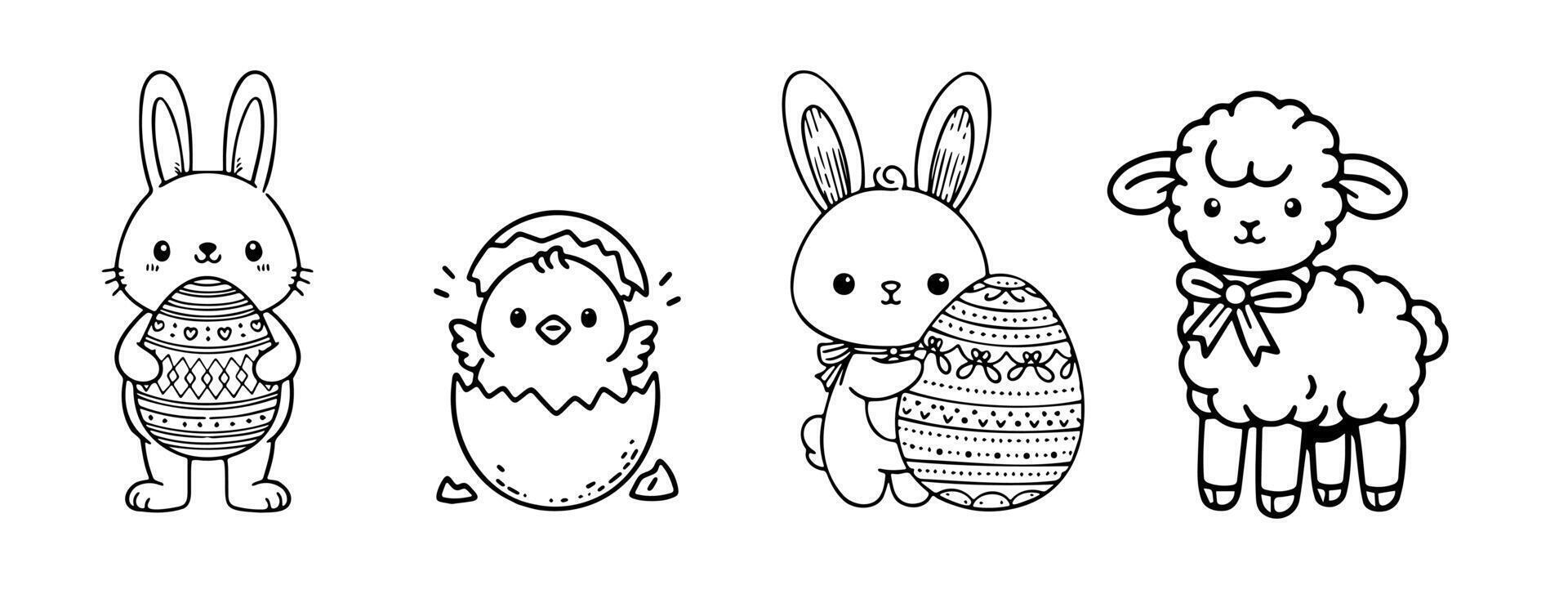 Line art illustration of Easter characters, including a bunny with an egg, a chick, and a sheep, ideal for coloring page vector