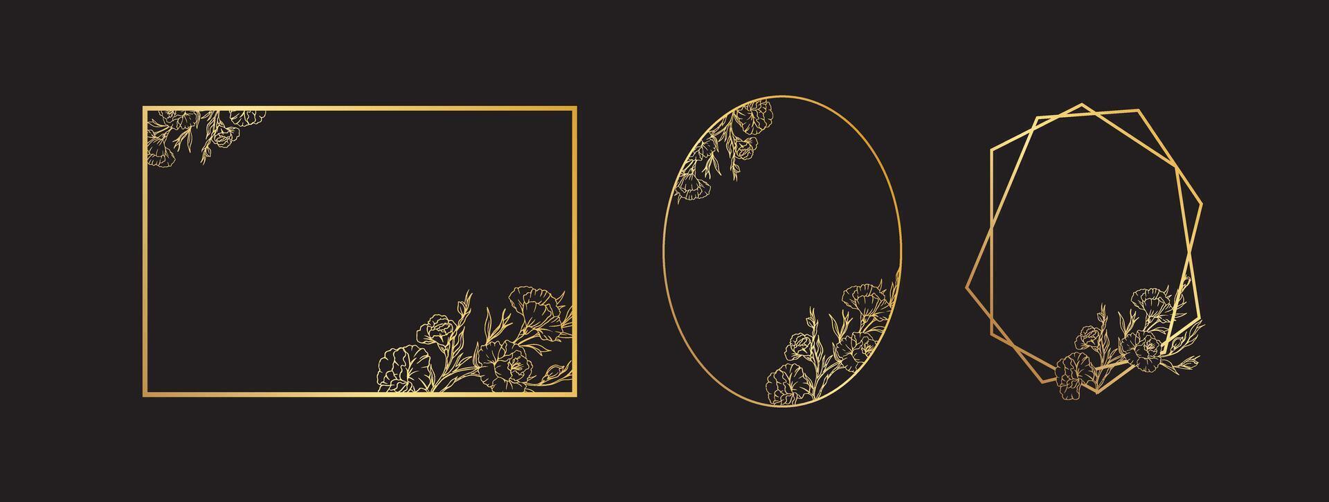 Luxury floral geometric frames, golden botanical border design, elegant line art design of flowers and leaves frames for invitation. illustration vector