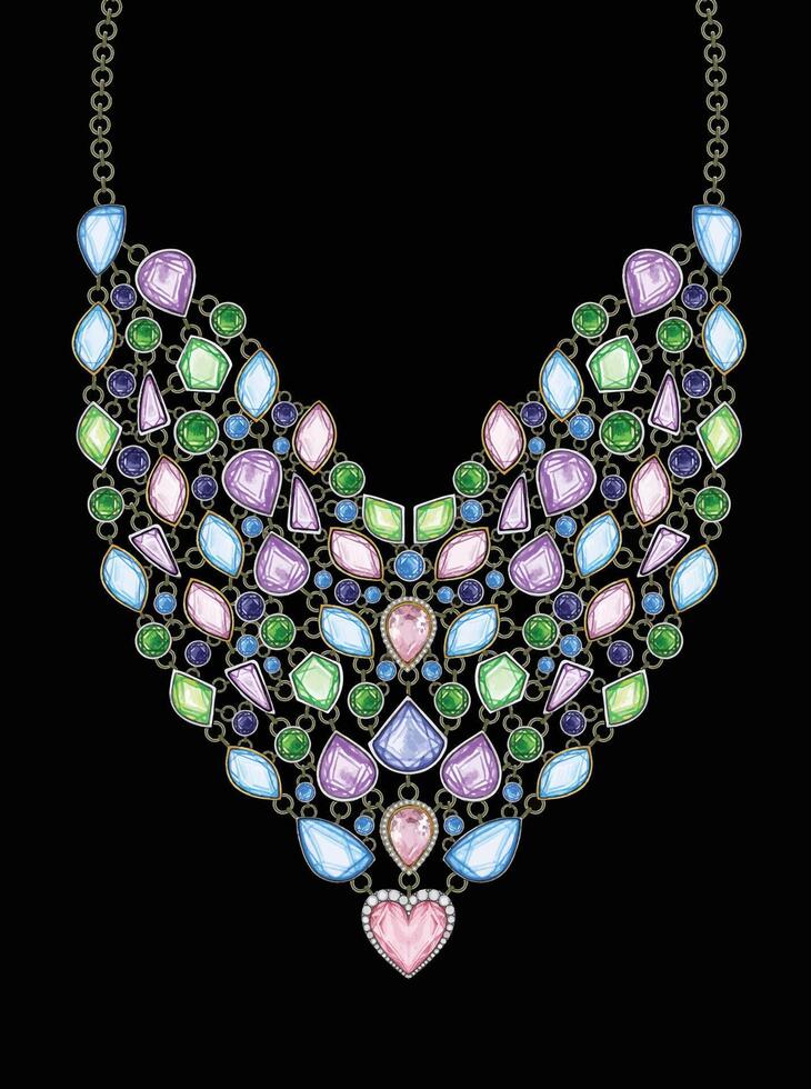 Jewelry design modern art set with fancy sapphire necklace sketch by hand drawing. vector