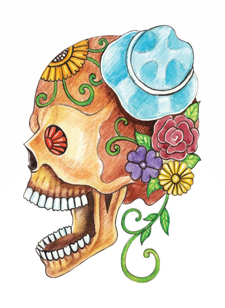 Sugar skull day of the dead design by hand watercolor on paper. vector