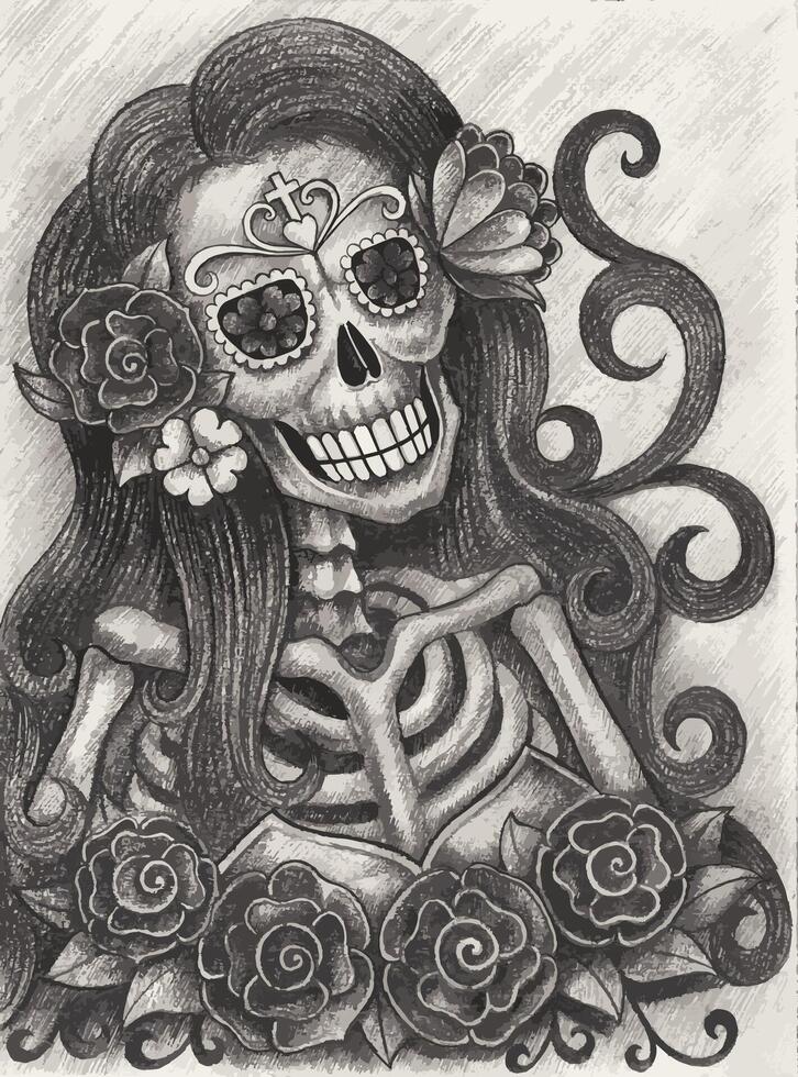 Sugar skull fashion woman day of the dead design by hand drawing on paper. vector