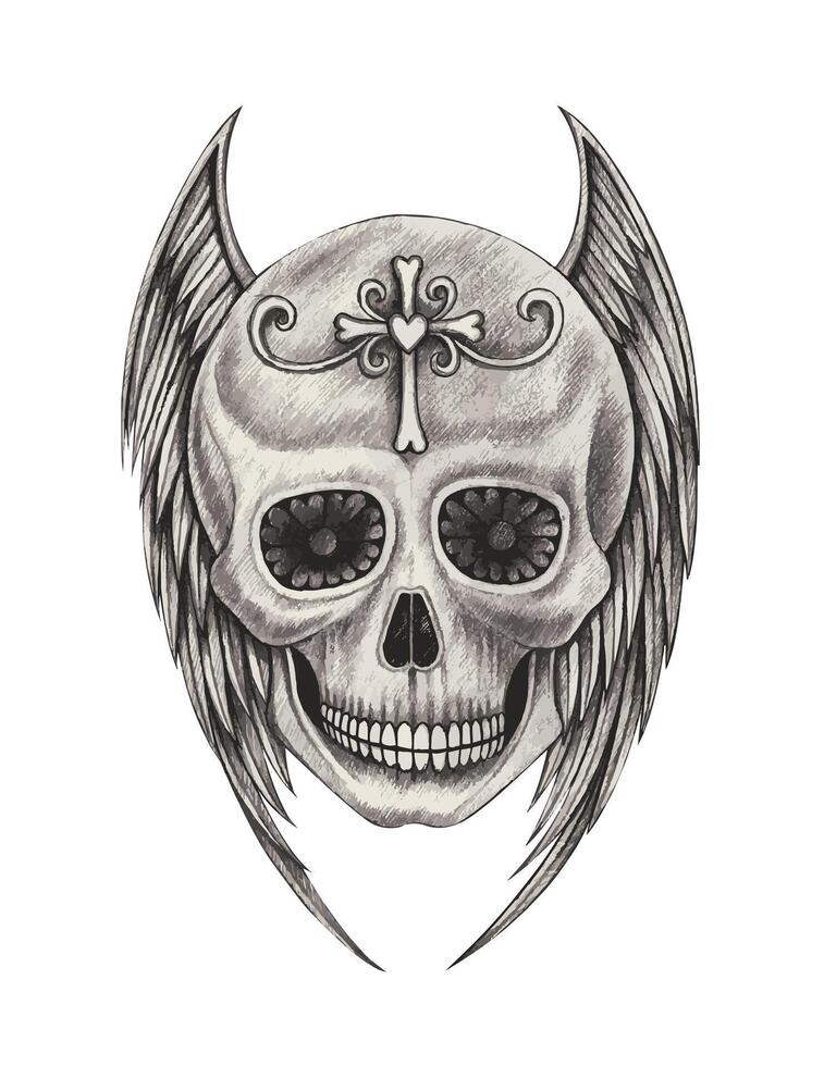 Skull tattoo angel wings design by hand drawing on paper vector