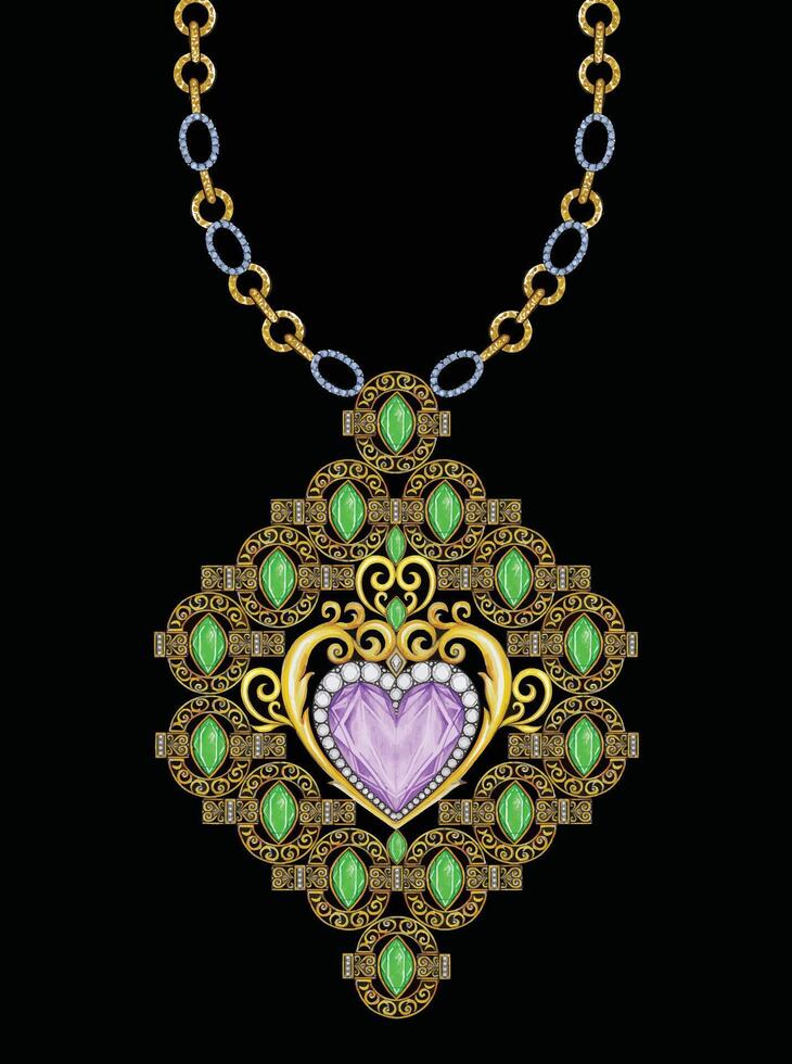 Jewelry design vintage art set with green sapphire and amethyst sketch by hand drawing. vector