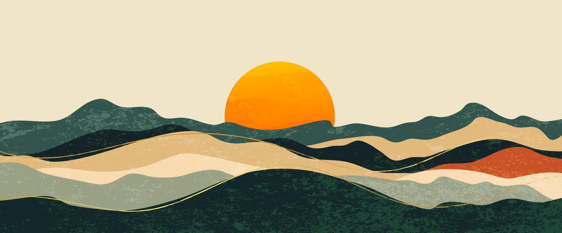 Abstract landscape sunrise background, hills earth tone, sunset. Minimal mountain view illustration design for banner, interior, prints, home decor vector