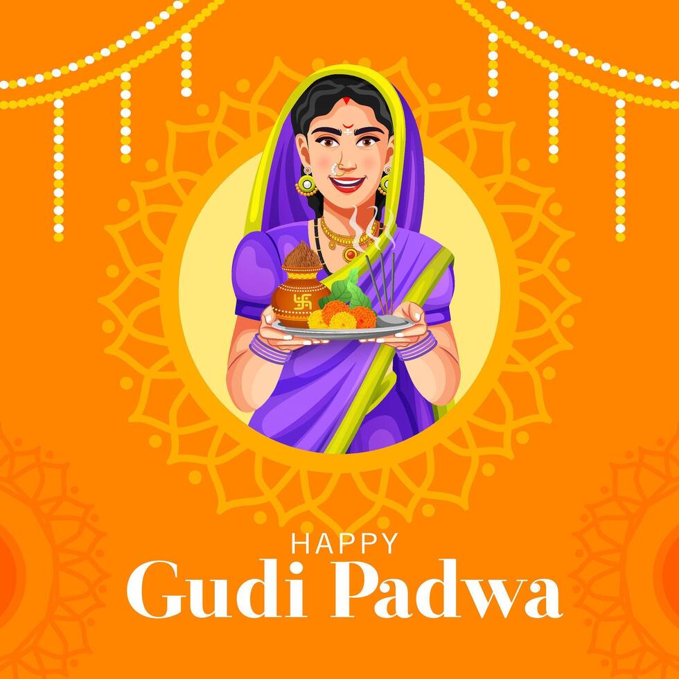 decorado antecedentes de contento gudi Padwa celebracion de India. ilustración diseño modelo vector