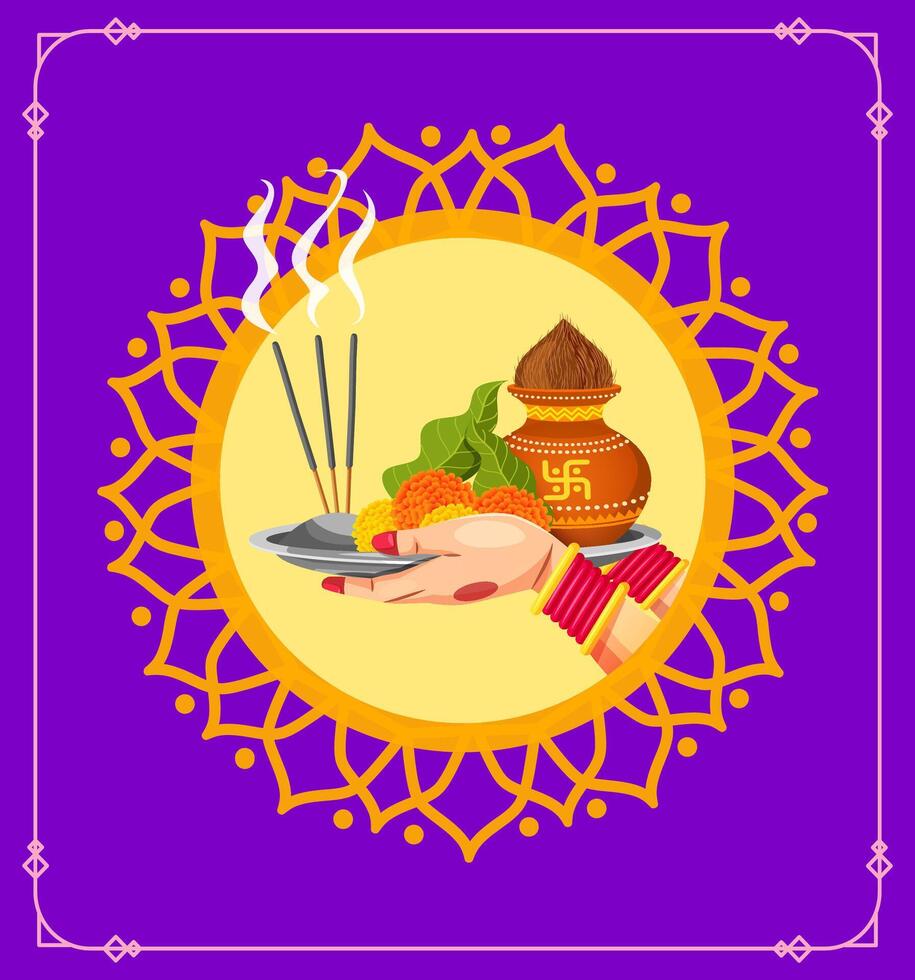 Pooja Thali Indian woman hand holding decorated thali Decorated Pooja Thali for festival vector