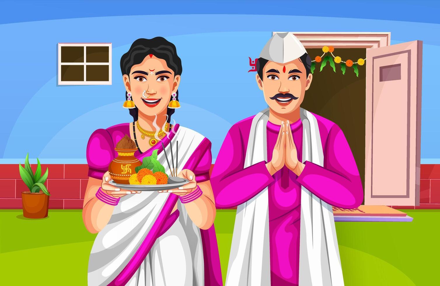 maharashtrian familia celebrar contento gudi Padwa festival de India antecedentes diseño vector