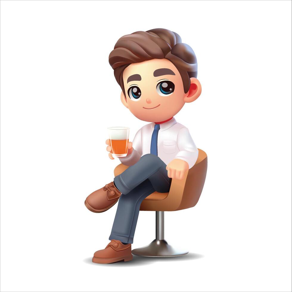 sonriente empresario en blanco camisa participación un vaso de cerveza sentado en el sofá 3d personas personaje ilustración. dibujos animados mínimo estilo vector