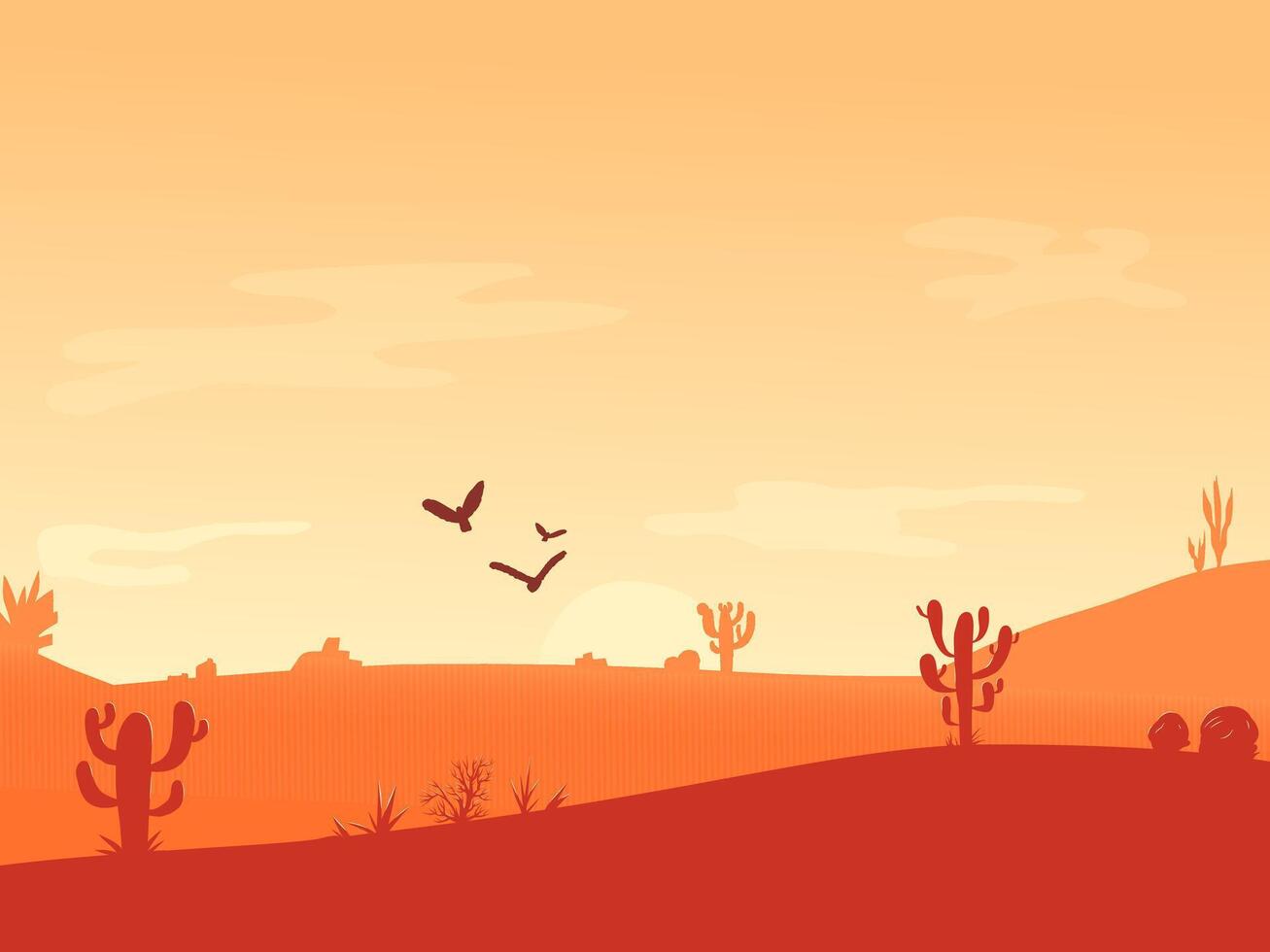 amanecer en el Desierto panorámico ver con dunas, montañas y cactus. salvaje Oeste amanecer tarjeta postal. póster modelo con Desierto paisaje. dibujos animados ilustración con sitio para texto. vector