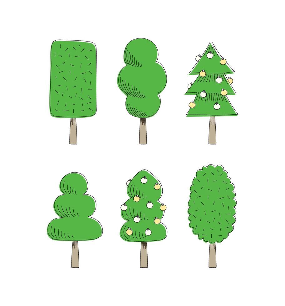 mano dibujado árbol línea bosque resumen Navidad árbol aislado plantas conjunto ilustración jardín y naturaleza parque planta vector