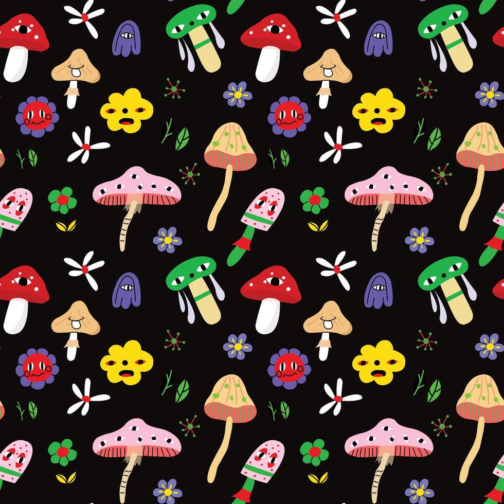 Y2k acid mushrooms seamless pattern on black background. Perfect for texture and textile vector