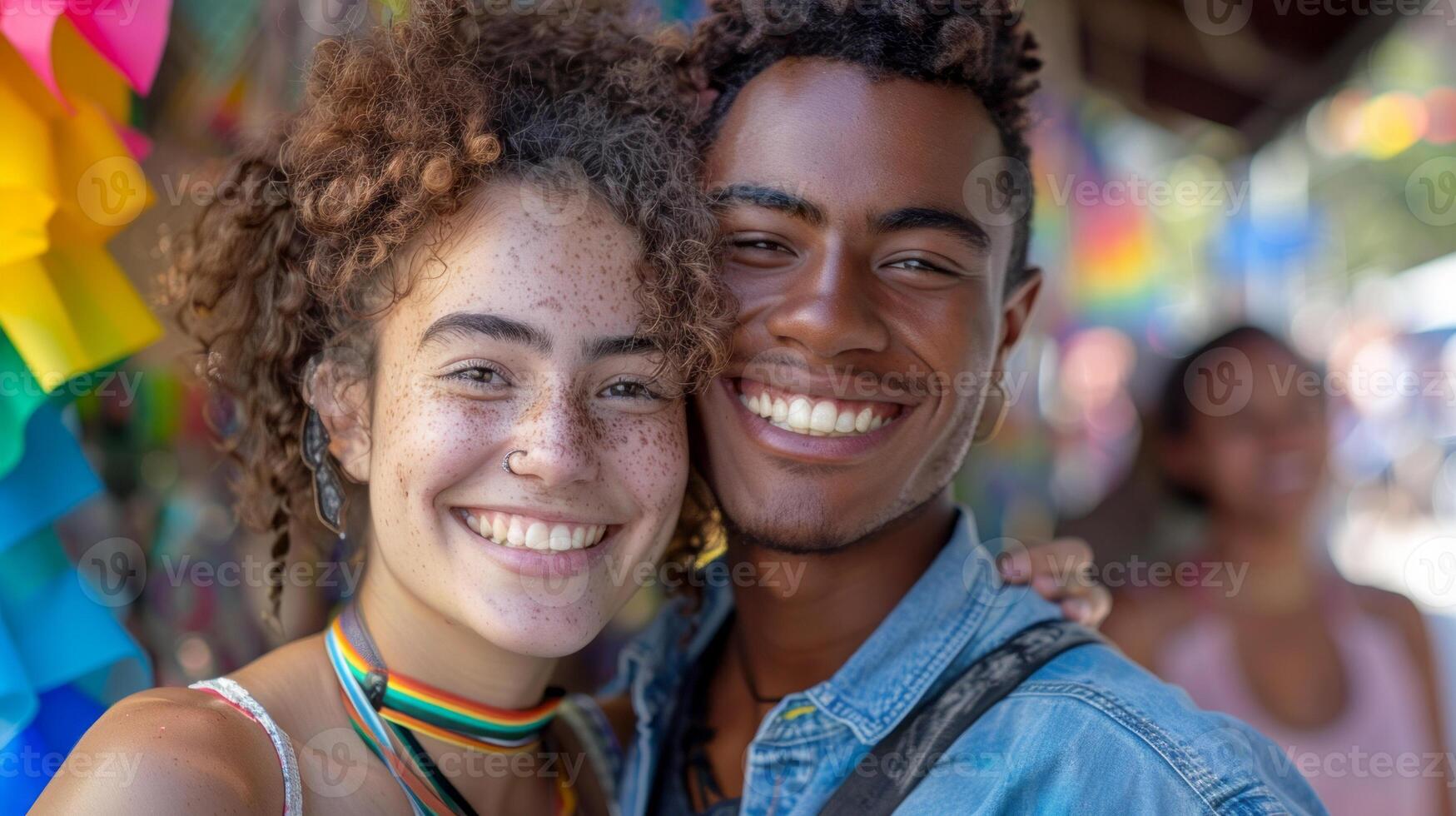 A young mix couple volunteering together at a community outreach event, pride month festival photo
