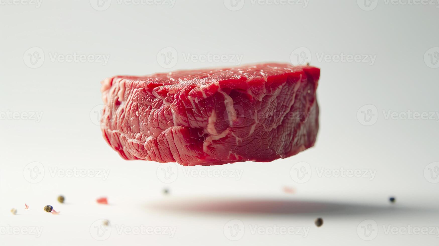 a piece of fresh beef tenderloin seasoning with salt and pepper levitating on white background photo