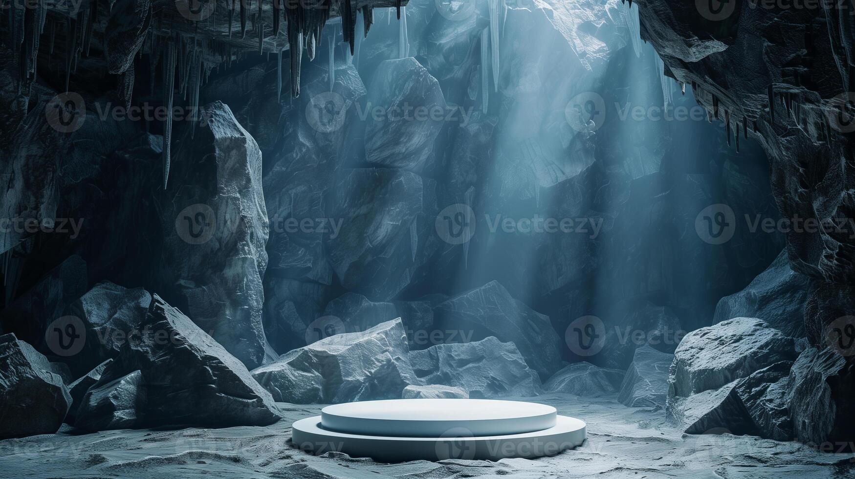 Empty white podium on dark cave background with volume rays for product presentation photo