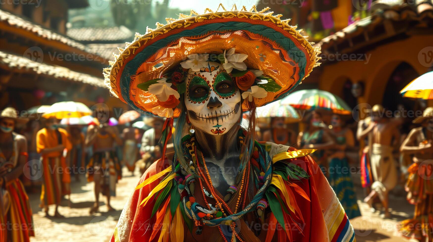 Portrait of a woman wearing mexican hat and skull paint makeup greets people at the Mexican cinco de mayo festival photo