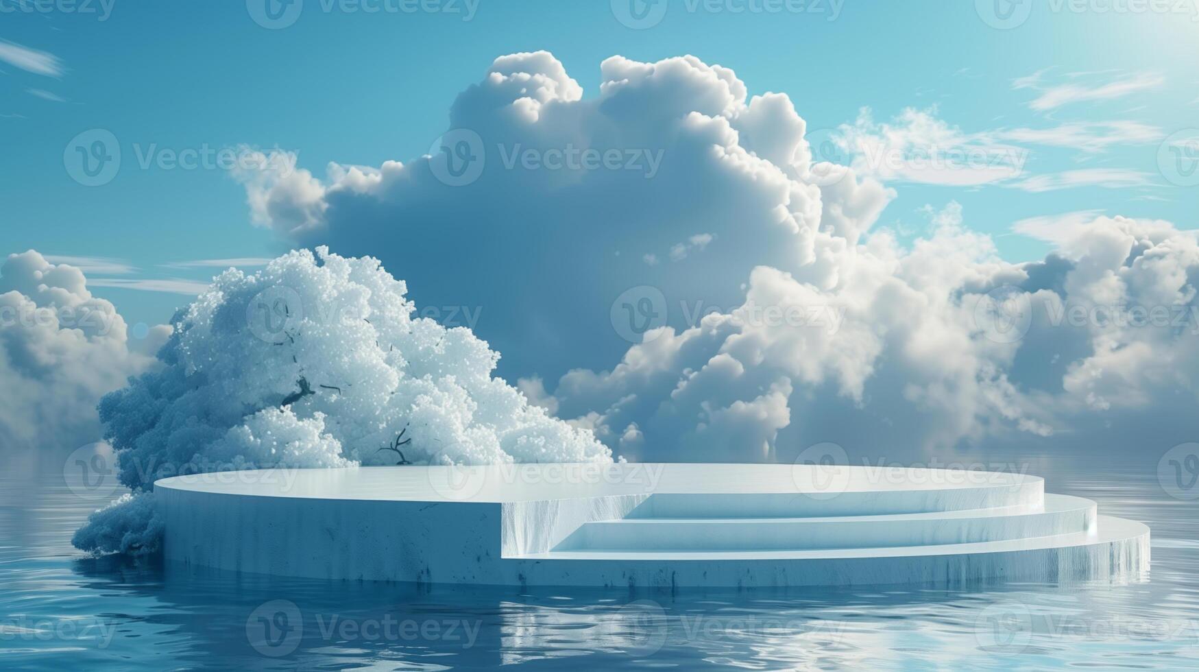 white podium with fantasy white leaves tree on the water with bright blue cloudy sky for product presentation photo